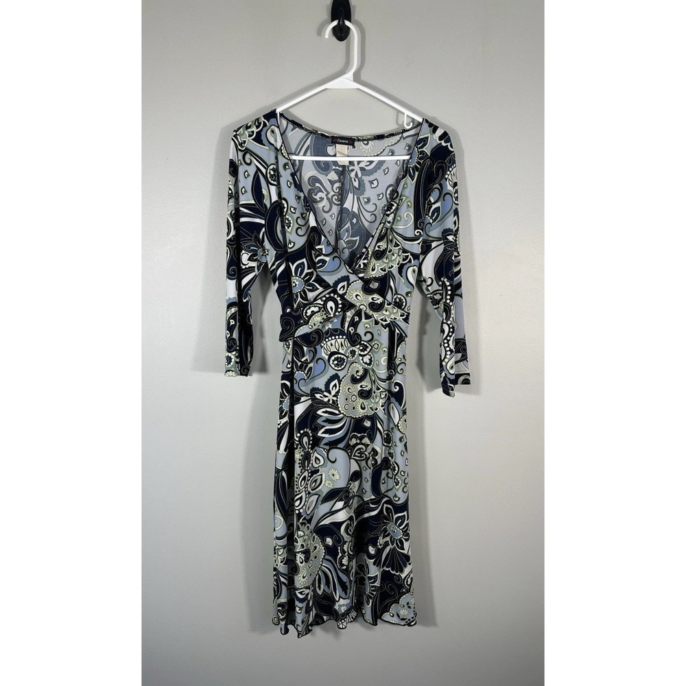 Vtg Cocomo Dress Womens L Blue Paisley Floral Stretch V Neck Lettuce Hem Read